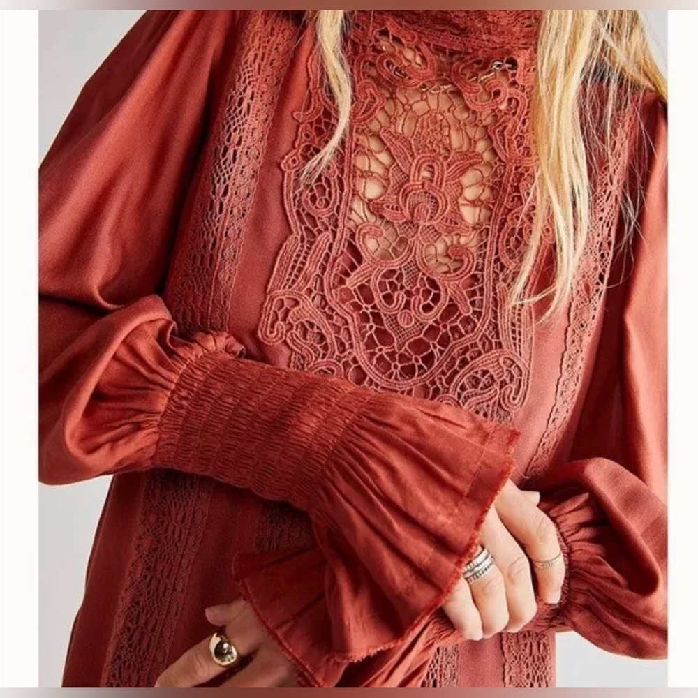 Free People burnt orange Vienna smocked sleeves crochet lace boho Mini Dress